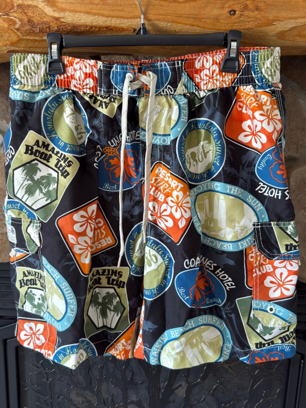 LG Men’s Black Swim Board Shorts with Orange, Blue & Green Badge Print